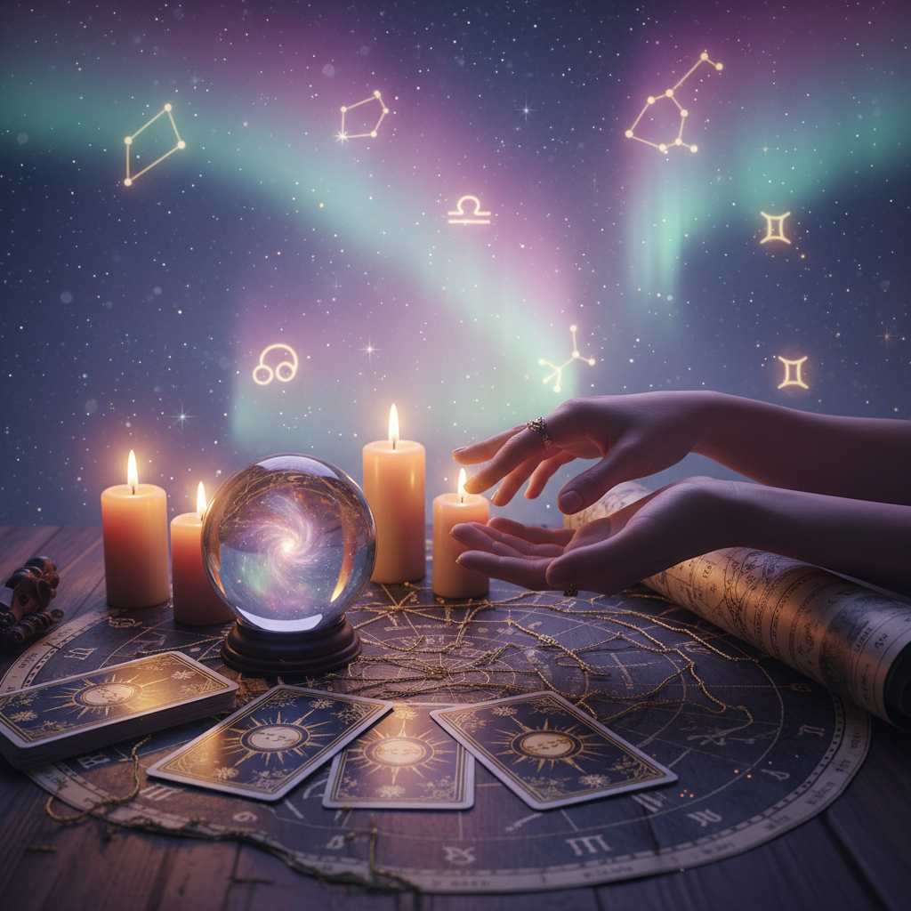 Mystical celestial symbols and tarot cards with Austin skyline background