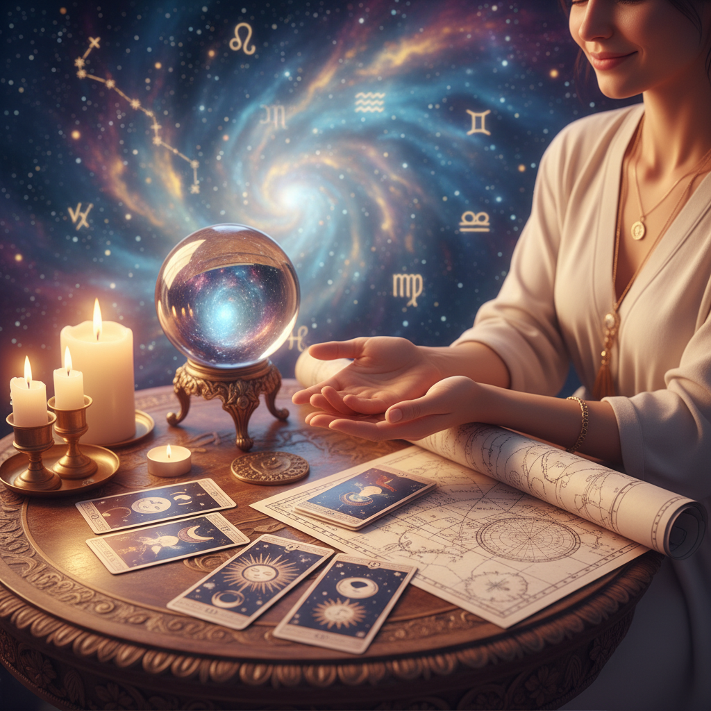 Mystical celestial symbols glowing over Austin cityscape at twilight