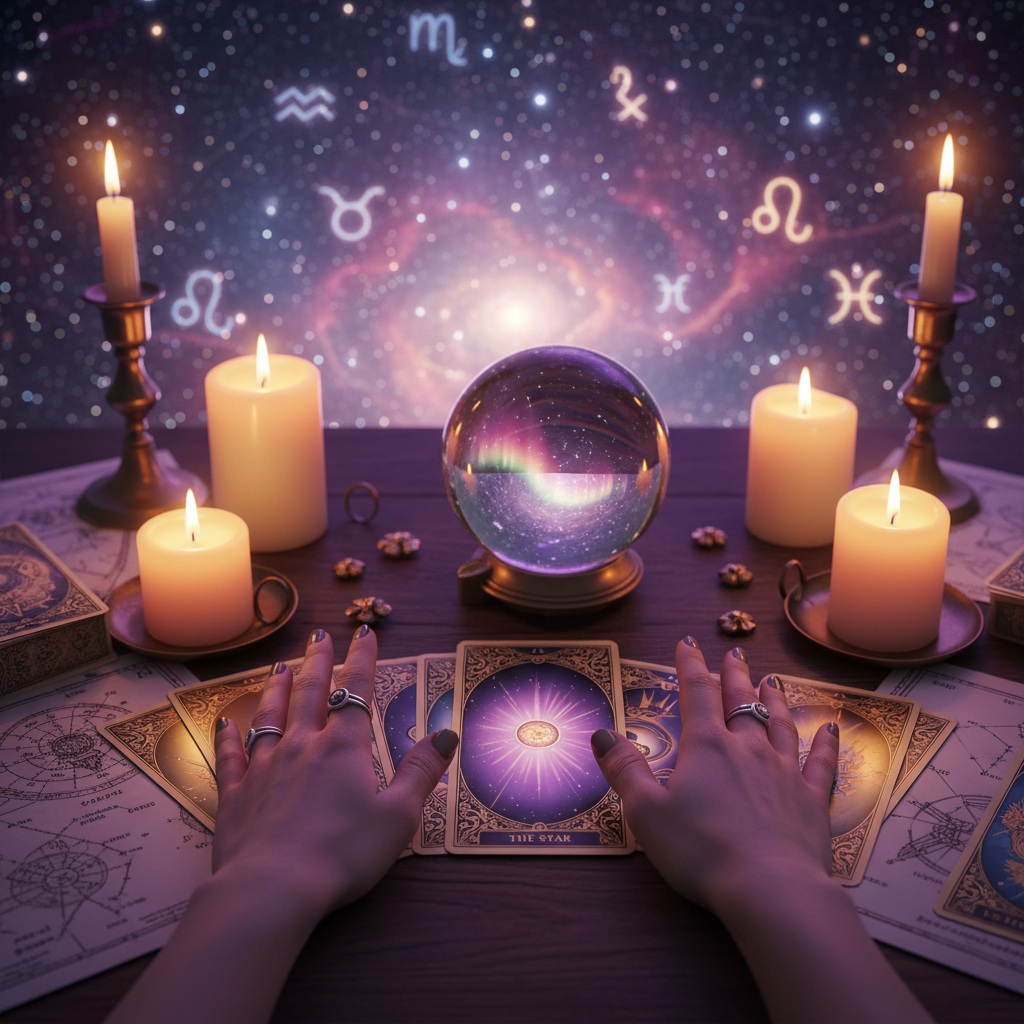 Mystical tarot cards with celestial Austin TX skyline background