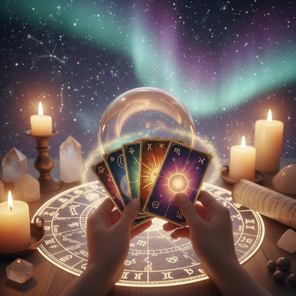 Mystical tarot cards and celestial symbols with Austin cityscape background