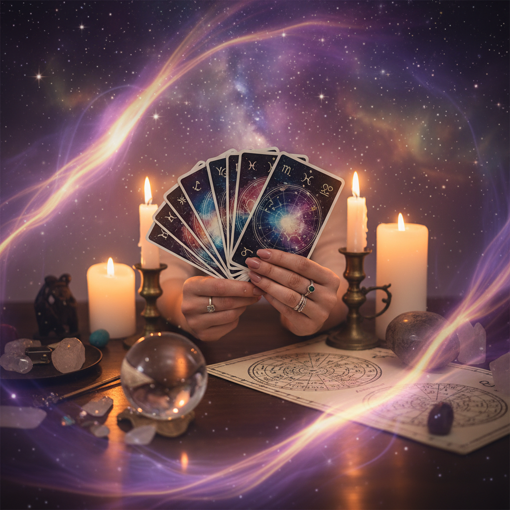 Mystical tarot cards with celestial Austin TX backdrop and candlelight
