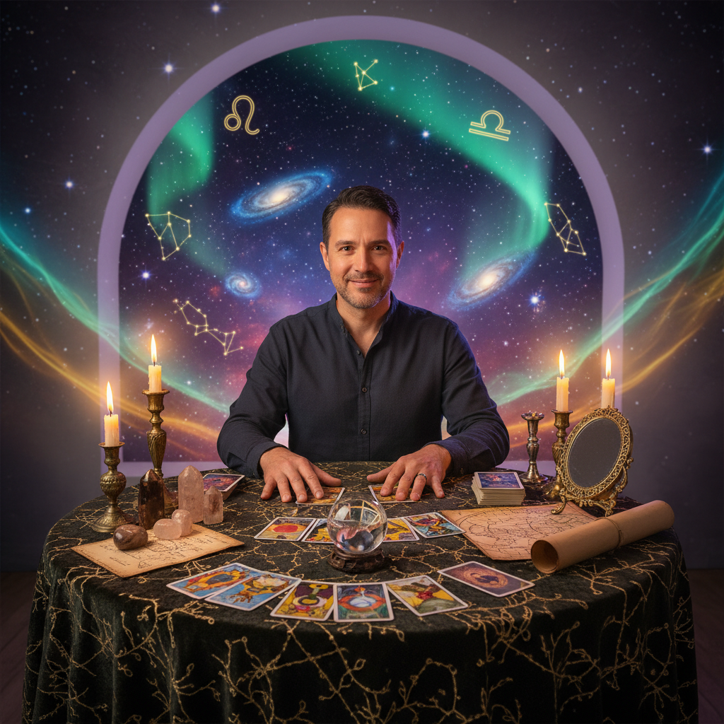 Mystical tarot cards glowing with celestial Austin TX backdrop