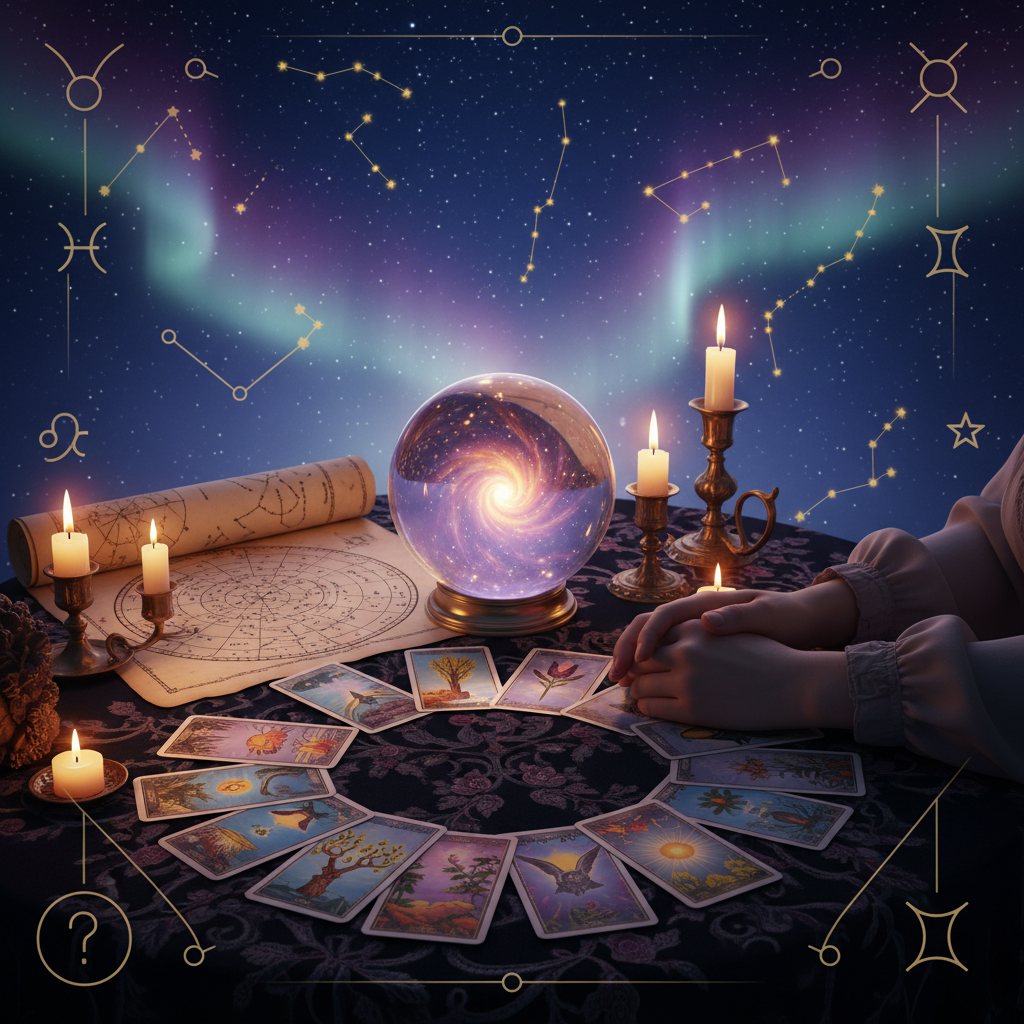 Celestial tarot cards and spiritual symbols with Austin city backdrop