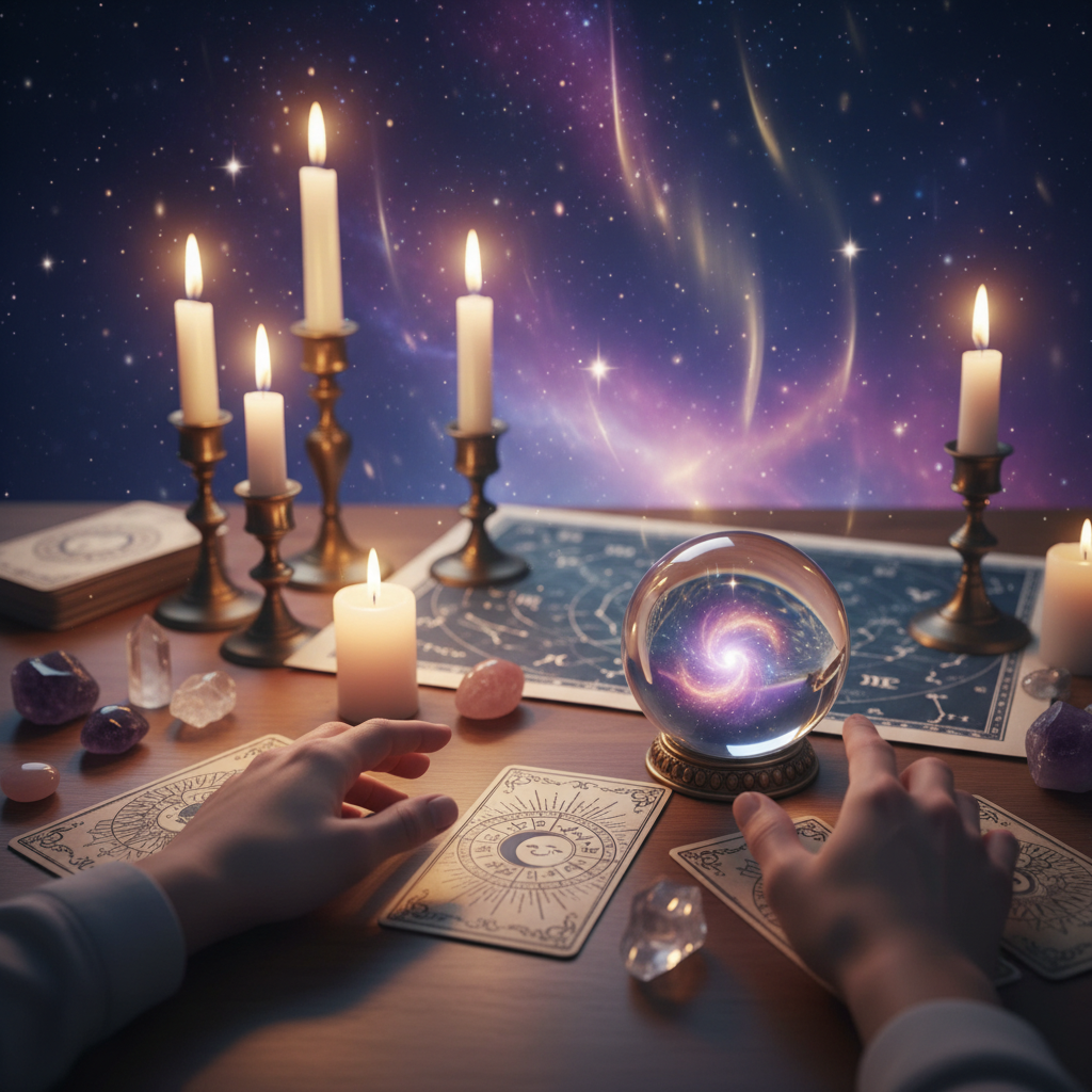 Mystical tarot cards with celestial designs in Austin TX setting