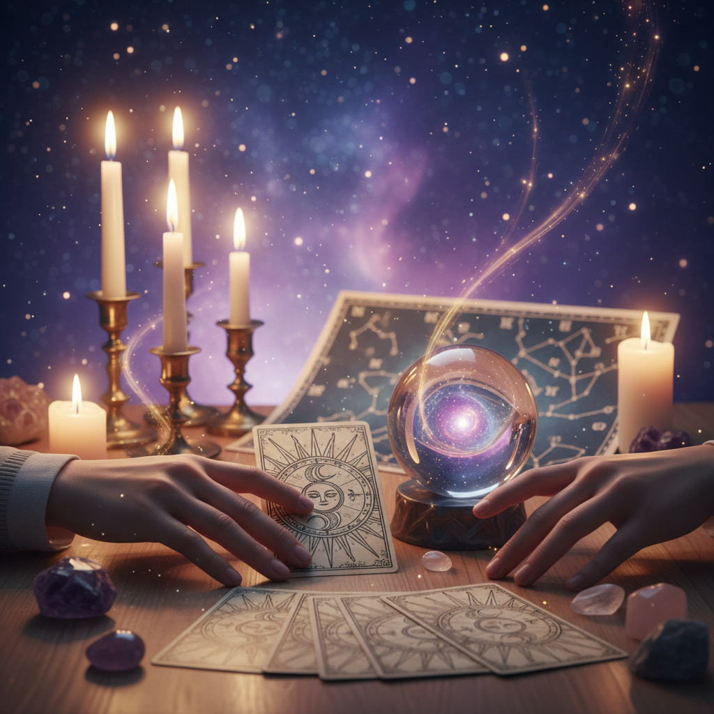 Mystical tarot cards with Austin cityscape background at sunset