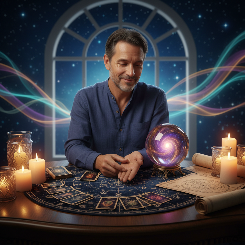 Mystical tarot cards with celestial Austin skyline background