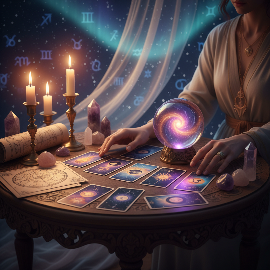 Mystical tarot cards glowing under Austin TX night sky