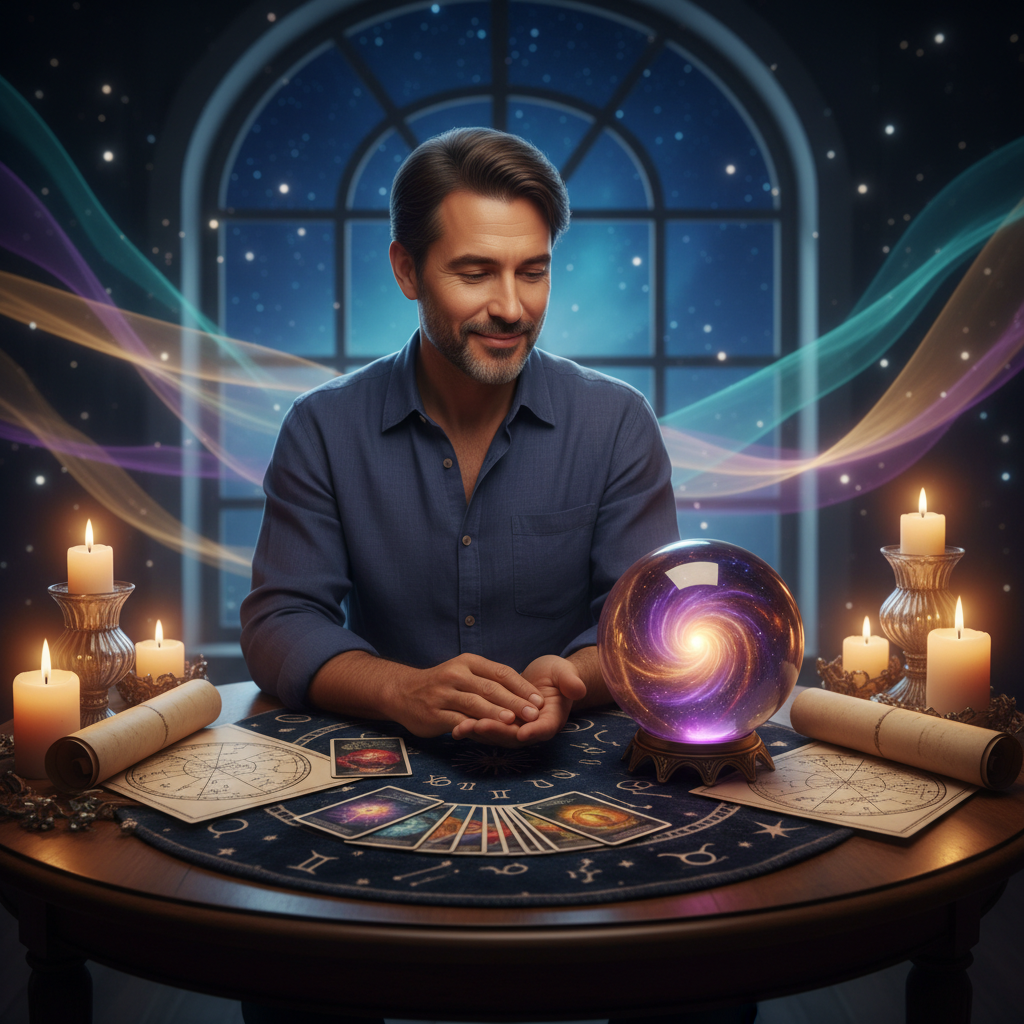 Mystical tarot cards with celestial background in Austin TX setting