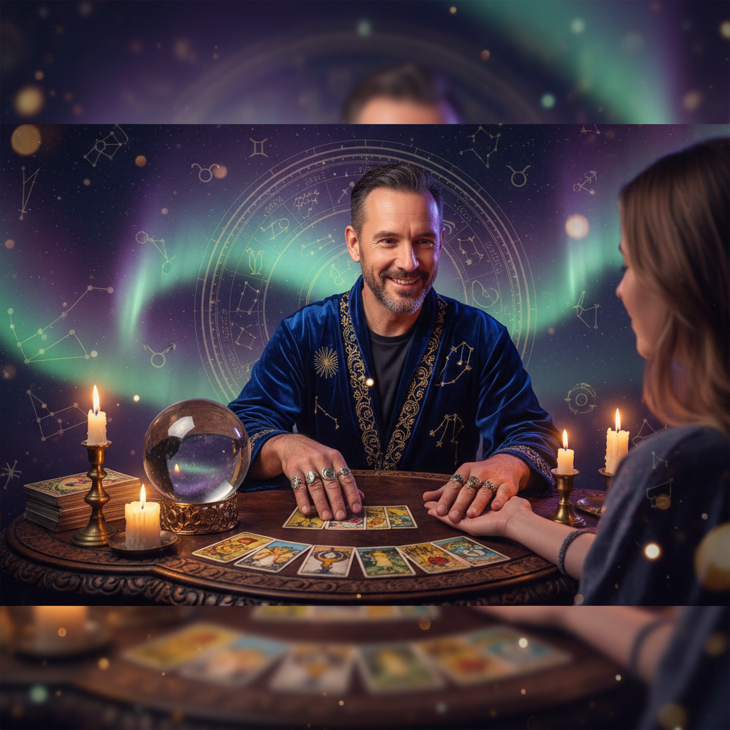 Mystical tarot cards glowing with celestial light in Austin setting