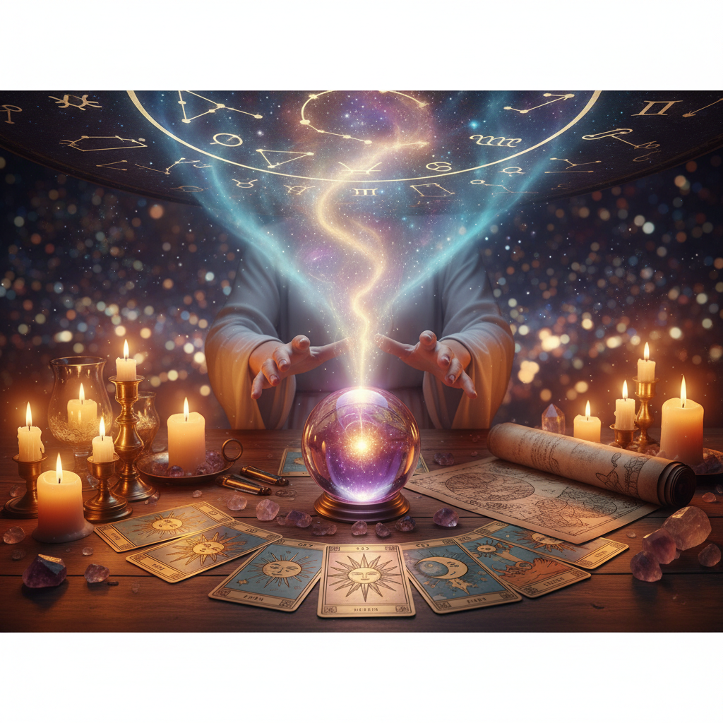 Celestial birth chart with stars and cosmic symbols over Austin TX background