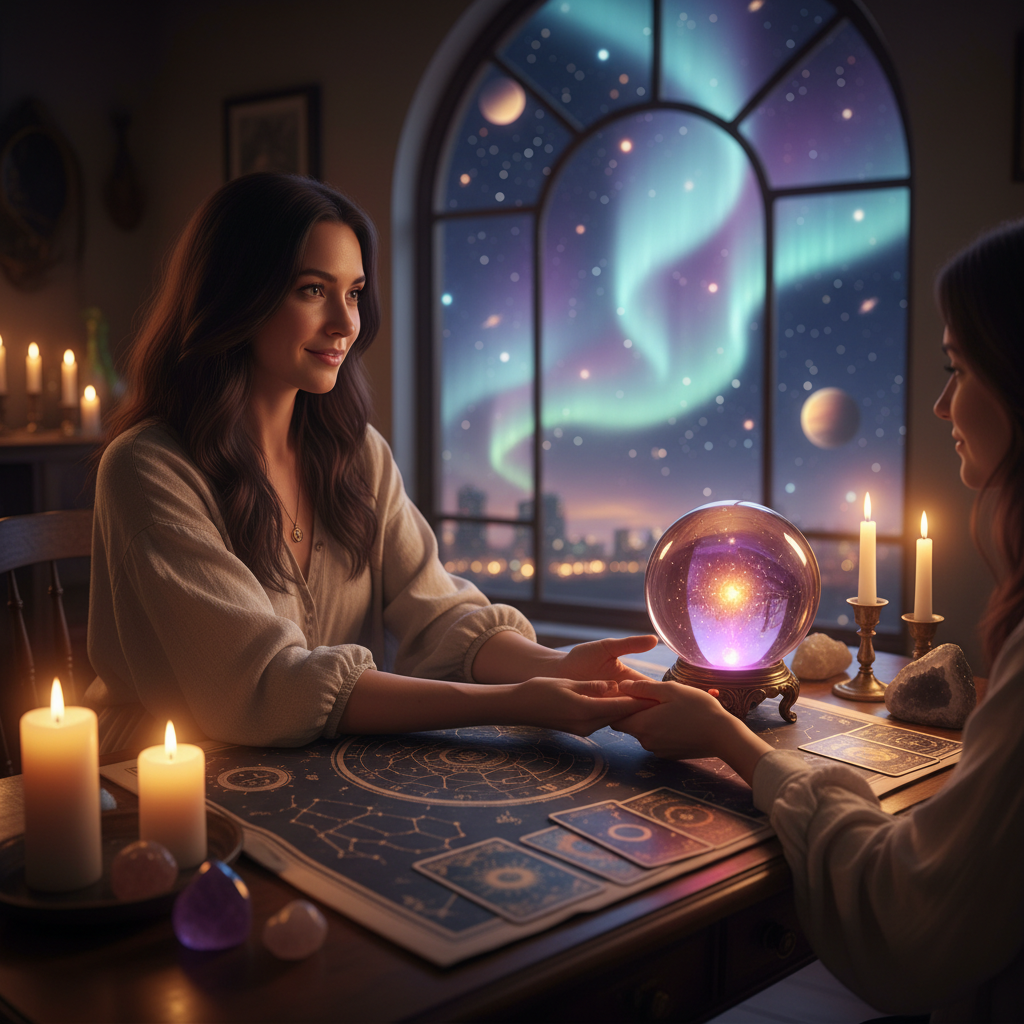 Mystical birth chart with celestial symbols overlay, Austin skyline background