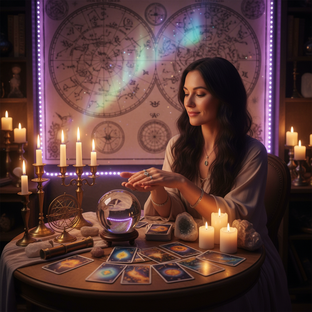 Discover Your Future with an Astrologer in Austin Texas Celestial birth chart overlay with Austin Texas skyline at sunset