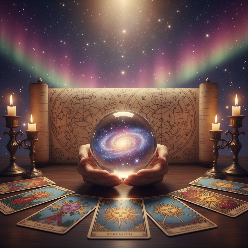 Mystical celestial symbols overlaid with Austin cityscape background