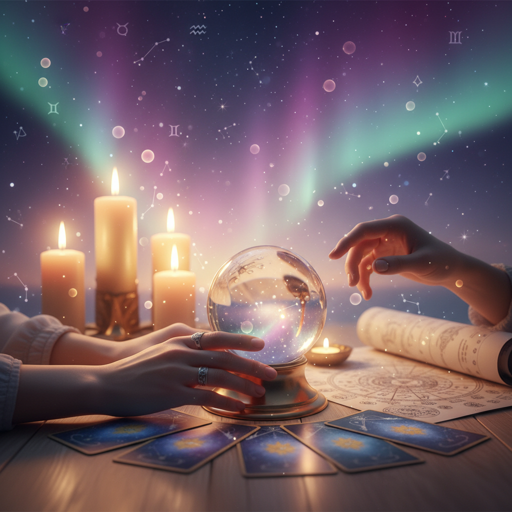 Mystical celestial tarot cards glowing over Austin cityscape