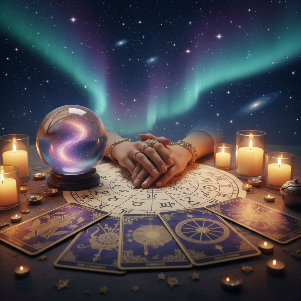 Mystical tarot cards and astrology chart with Austin skyline background