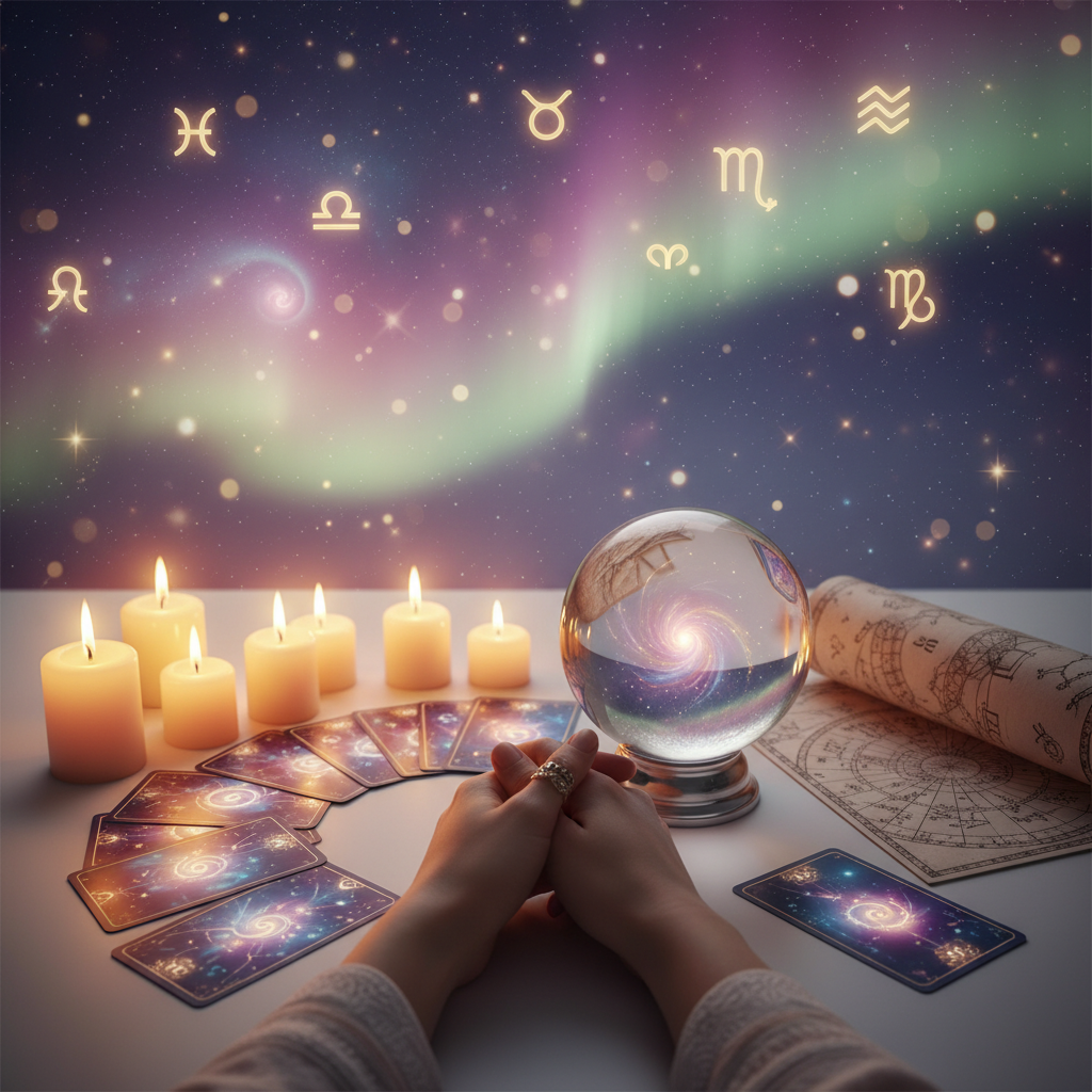 mystical celestial tarot cards with Austin skyline background