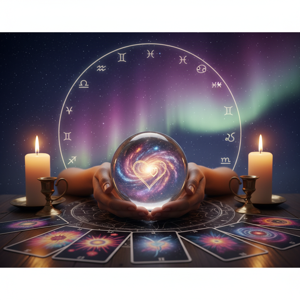 Mystical celestial tarot cards with Austin TX skyline background