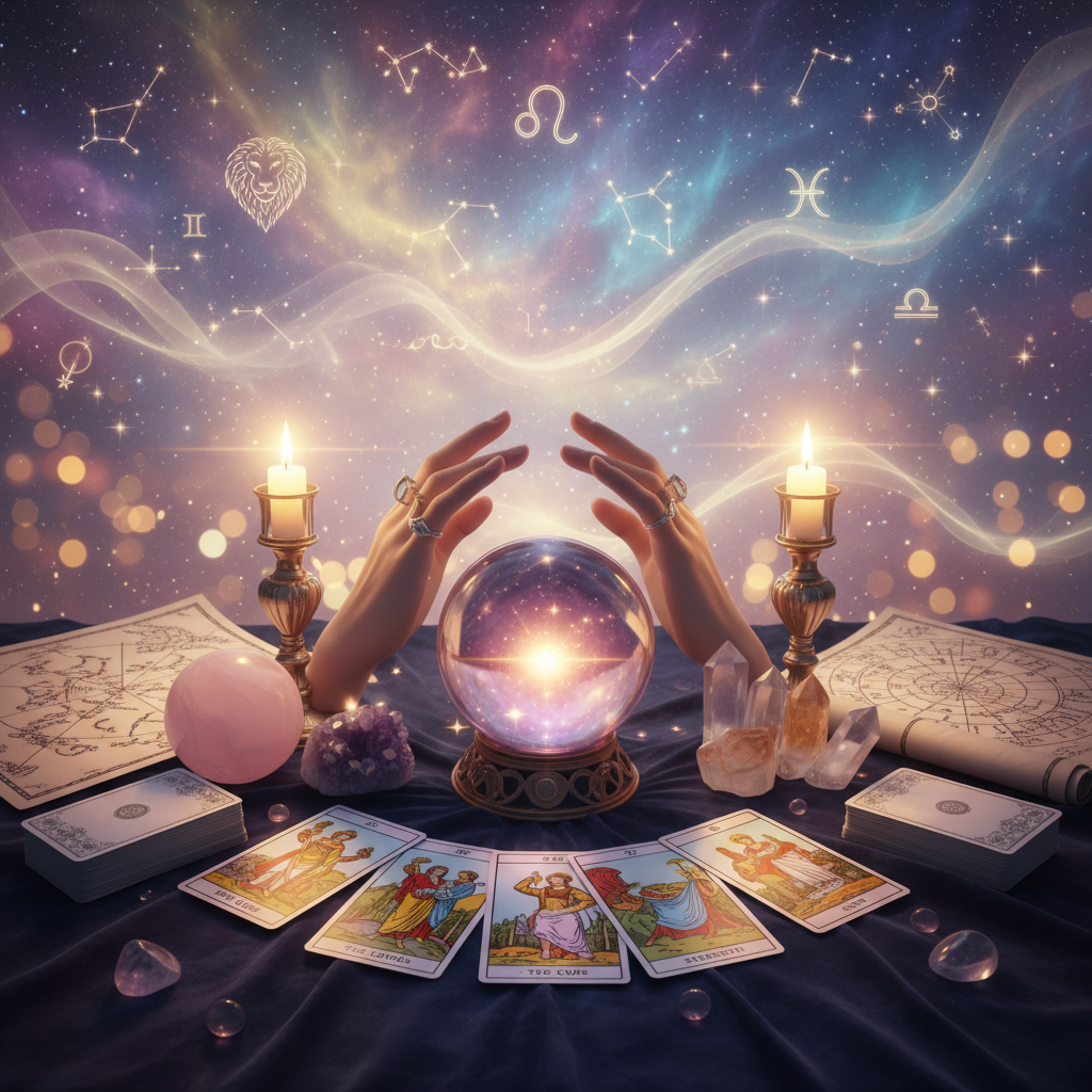 Mystical glowing tarot cards with celestial Austin TX skyline background