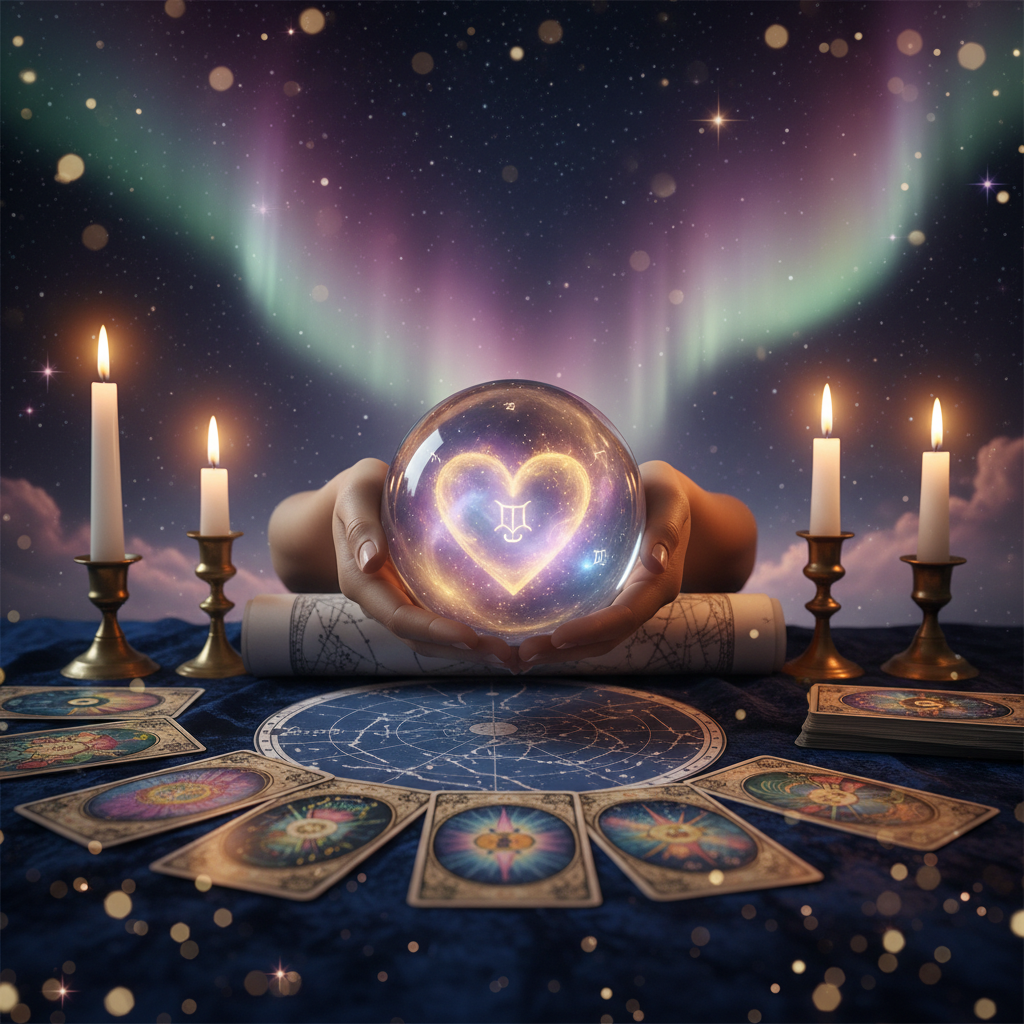 Mystical celestial love symbols with Austin TX city skyline background