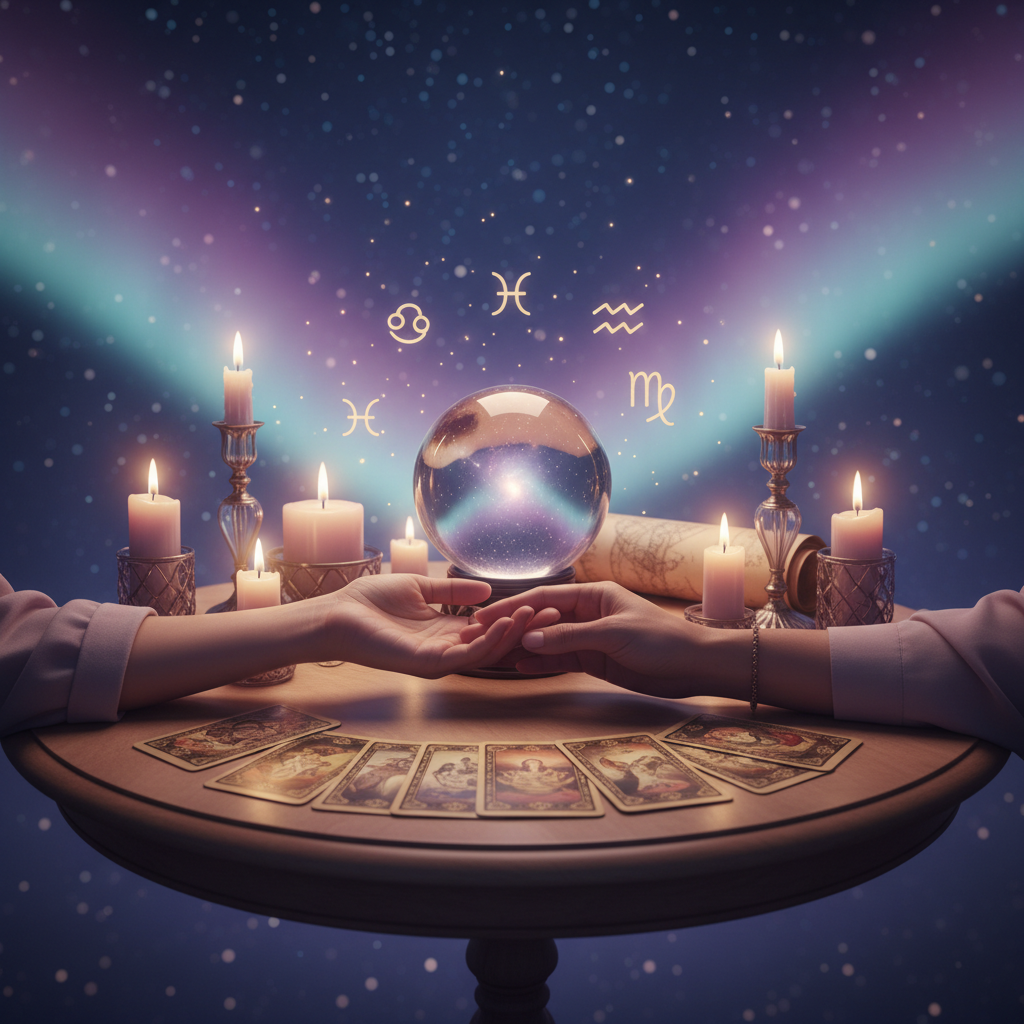 Mystical celestial tarot cards with Austin skyline background