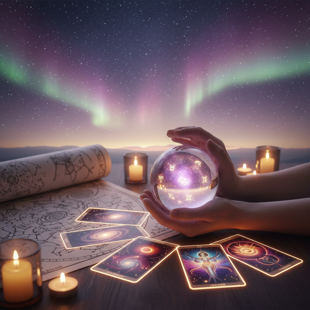 Mystical tarot cards and stars with Austin TX skyline background
