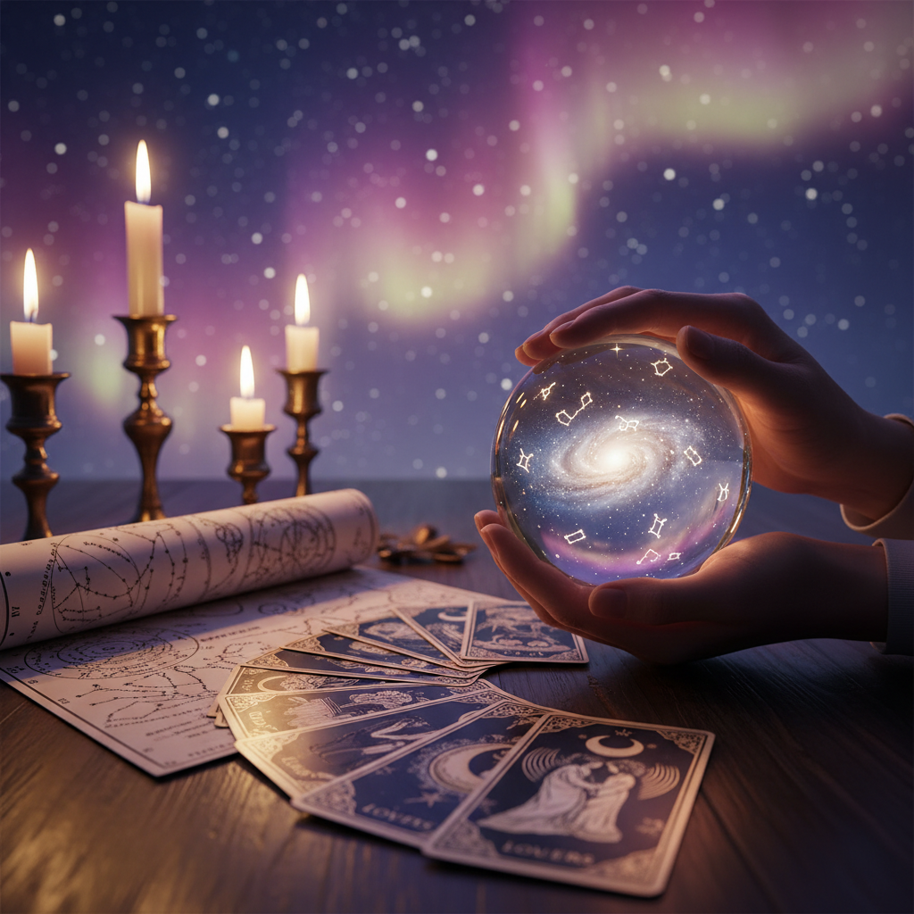 Mystical celestial image of stars and tarot cards symbolizing love guidance in Austin