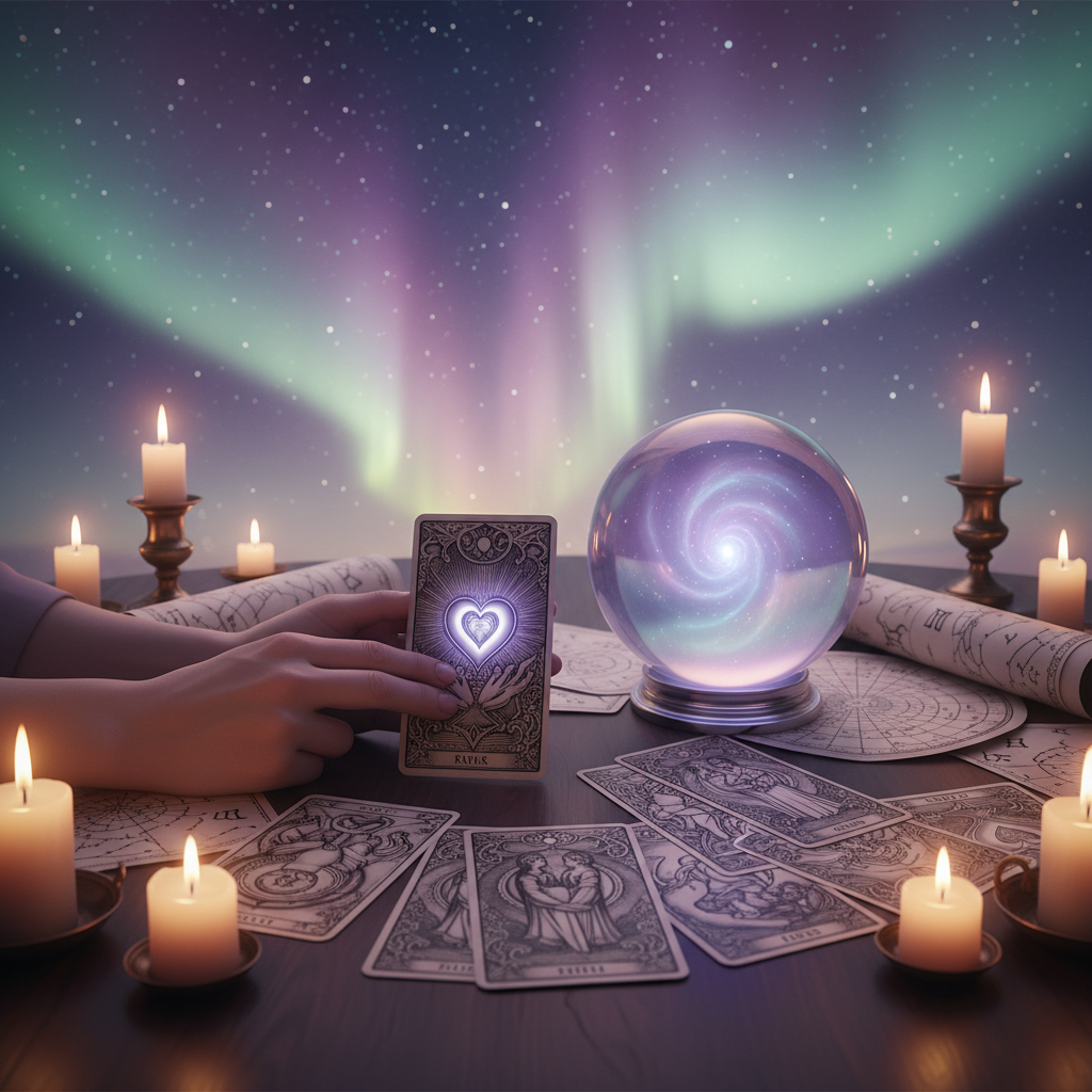 Mystical celestial card reading over Austin TX skyline at sunset