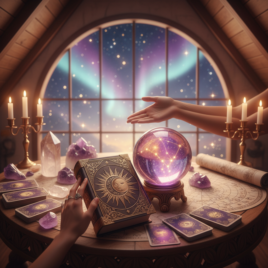 Celestial cosmic energy with glowing crystals at Austin metaphysical store