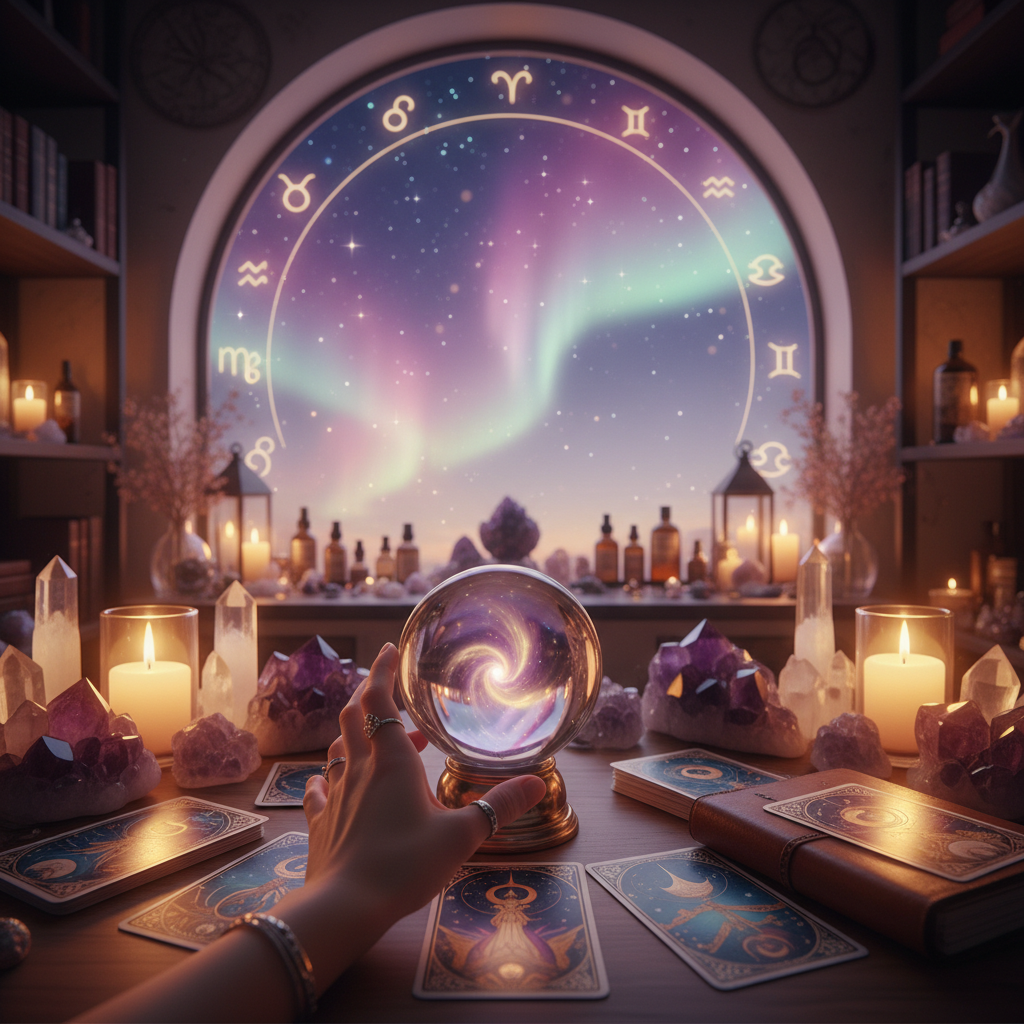 Mystical celestial light and crystals shimmering in a spiritual setting in Austin