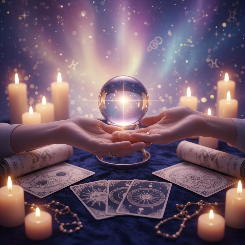 Mystical cosmic background depicting soul journey and past life themes in Austin