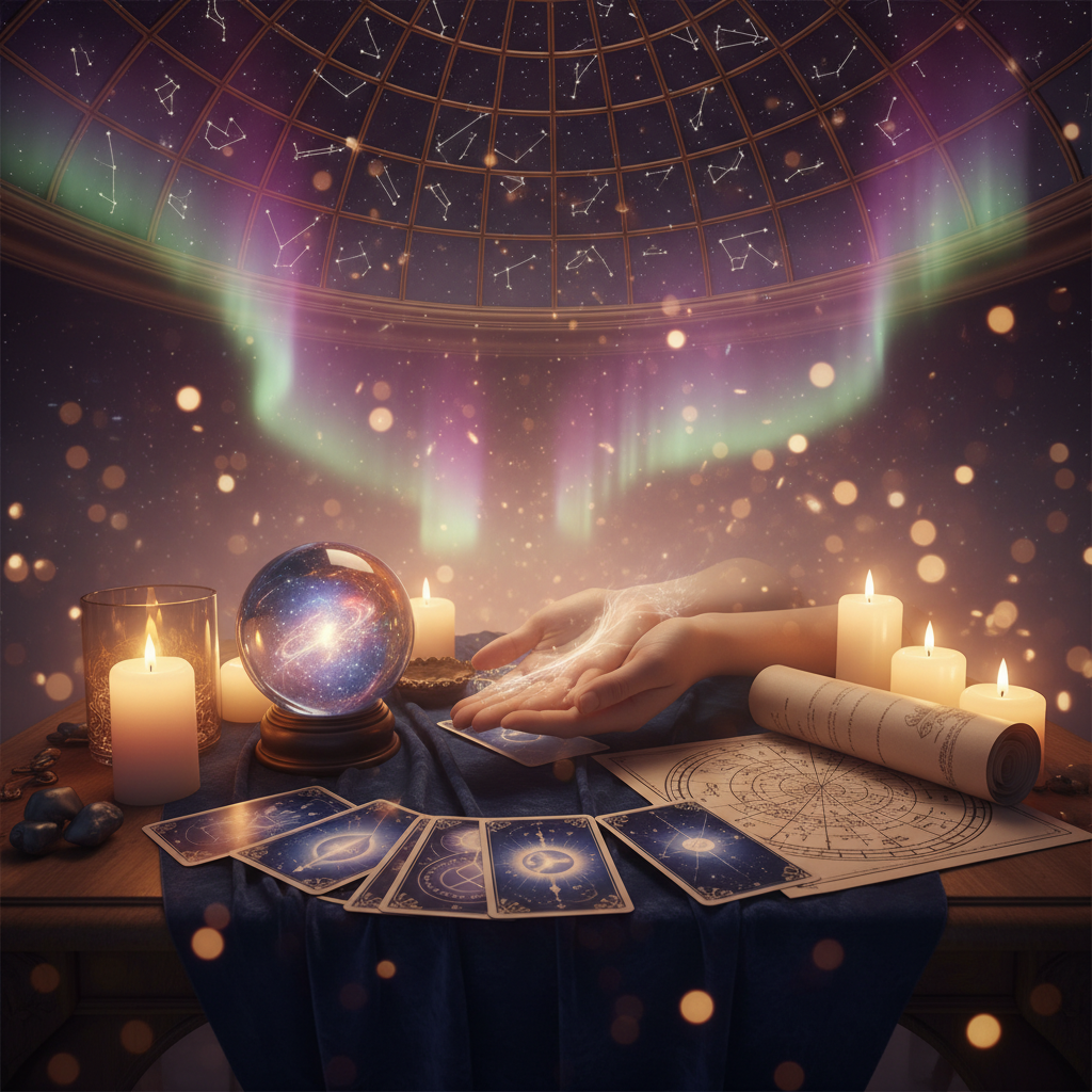Mystical celestial illustration representing past life journey in Austin TX