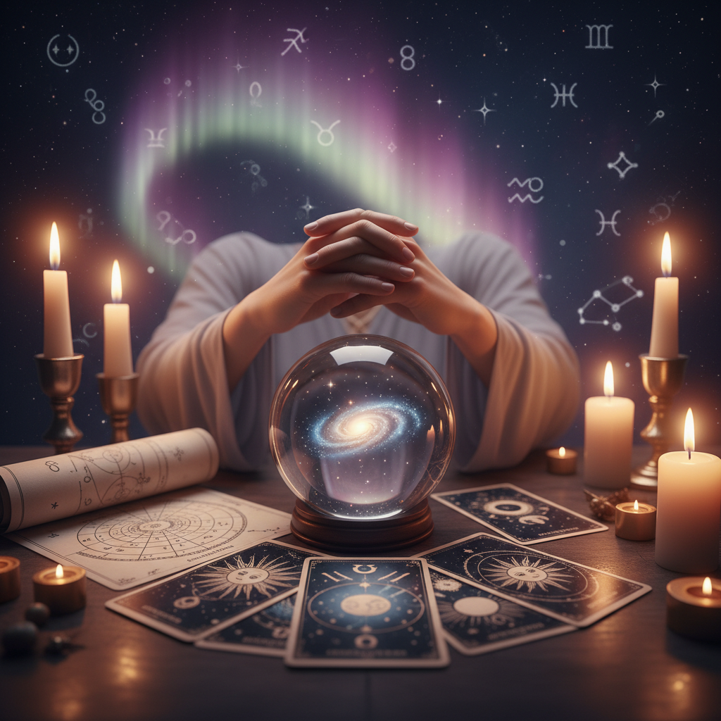 Mystical celestial tarot cards glowing over Austin TX cityscape at night