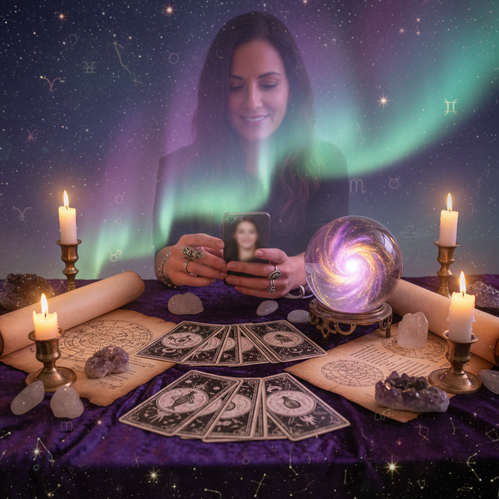 Phone Psychic Reading Austin TX | Trusted Remote Sessions Mystical tarot cards and starry sky aligning with Austin TX skyline