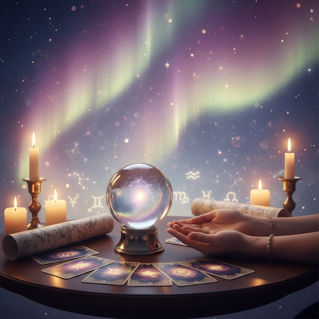 Authentic Phone Psychic Reading Austin TX for Spiritual Insight Mystical celestial scene with tarot cards and Austin cityscape background