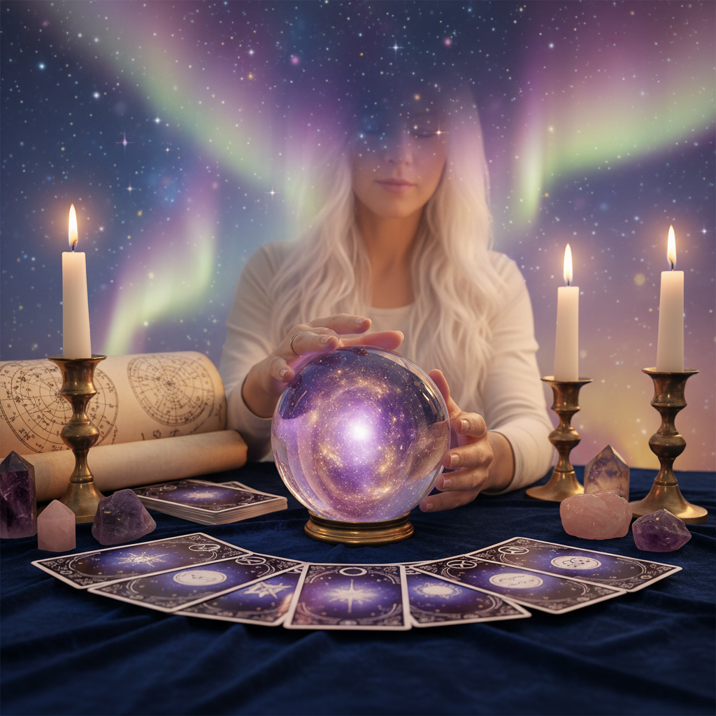 Mystical celestial sky over Austin Texas with tarot cards and stars
