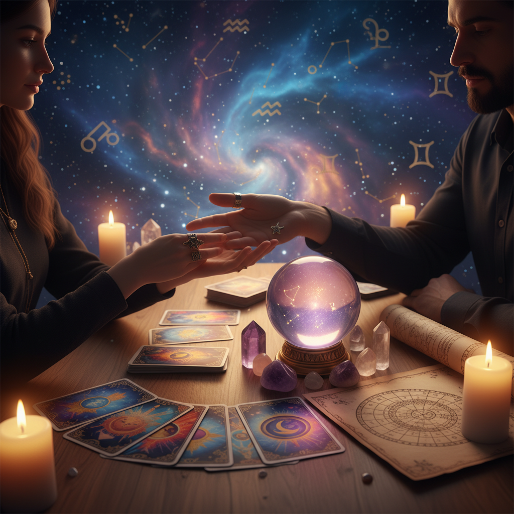 Mystical tarot cards and celestial symbols representing psychic reading in Austin TX