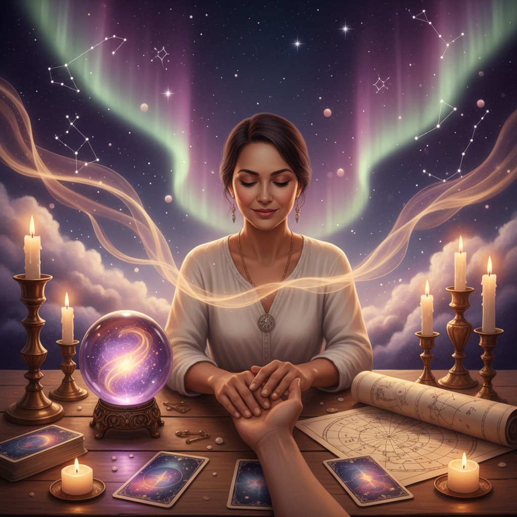 Spiritual Psychic Reading Austin TX for Intuitive Clarity Mystical celestial light and tarot cards image in Austin atmosphere