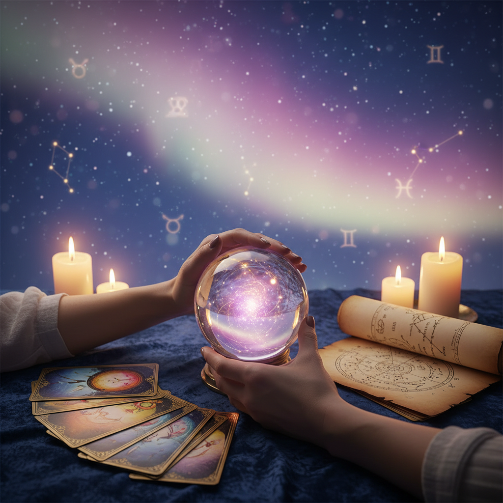 Mystical celestial tarot card reading with blue and purple glow in Austin TX