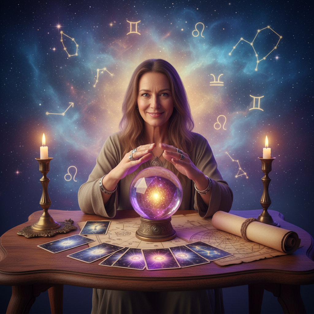 Intuitive Psychic Reading Austin TX with Psychic Leo Mystical celestial tarot cards in Austin TX spiritual setting