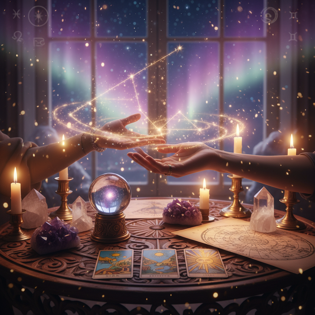 Mystical celestial energy healing with Austin TX skyline background