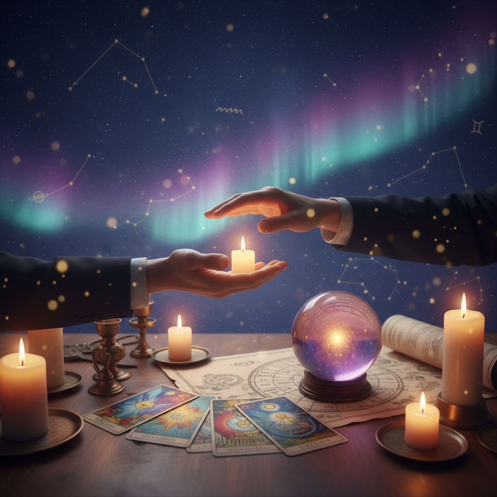 Mystical celestial energy healing with chakra light over Austin skyline