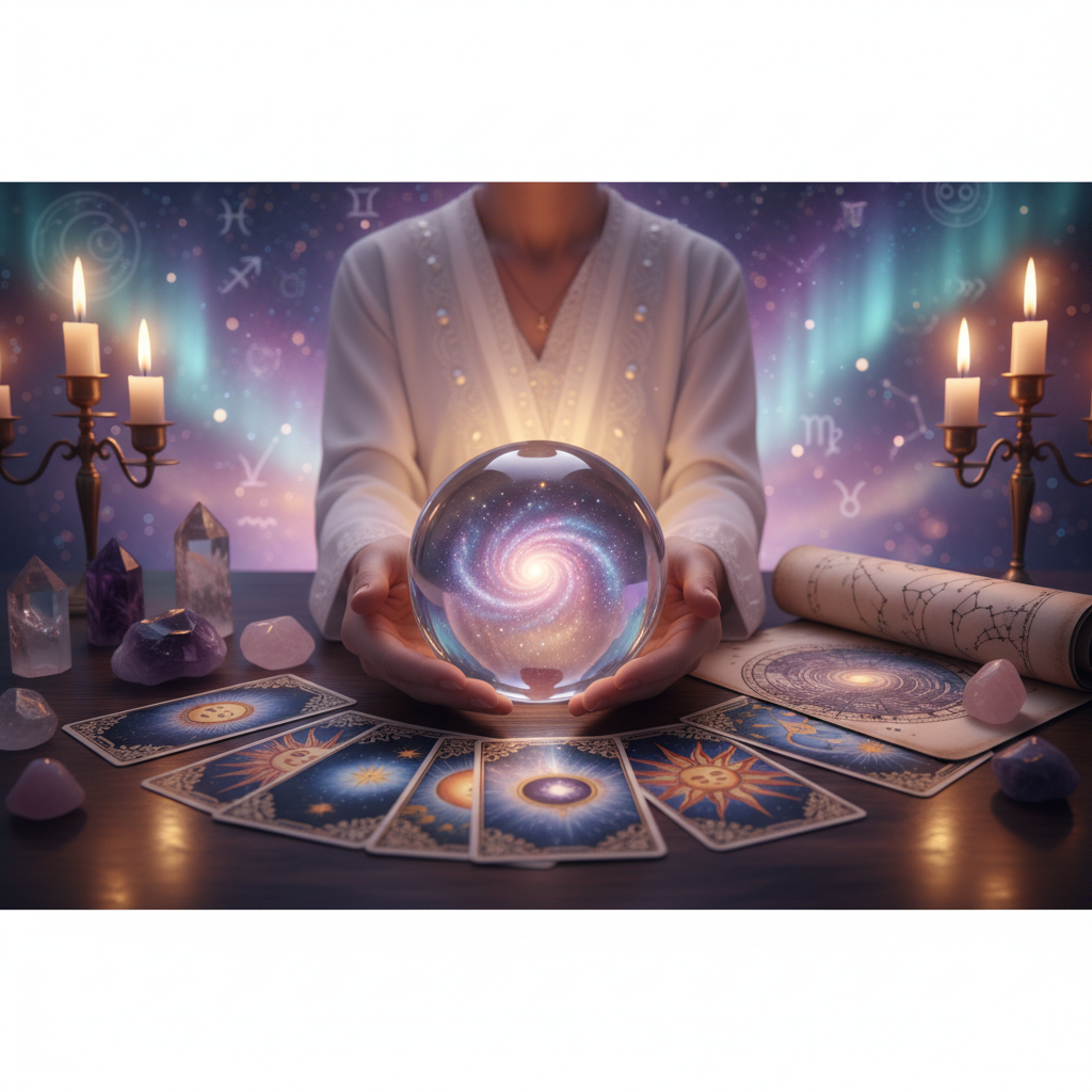 Mystical celestial energy healing scene with Austin skyline background