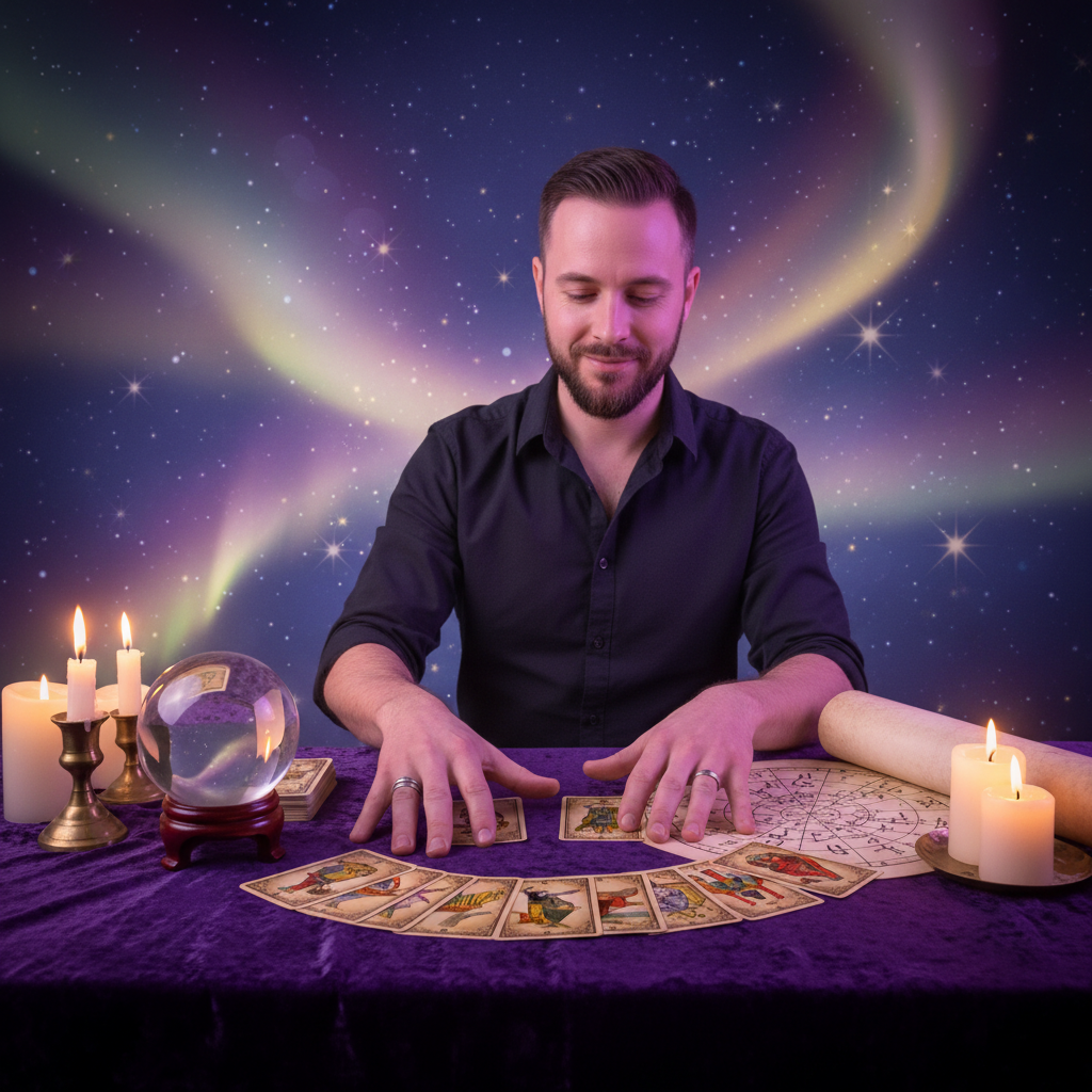 Mystical tarot cards glowing with celestial energy in Austin setting
