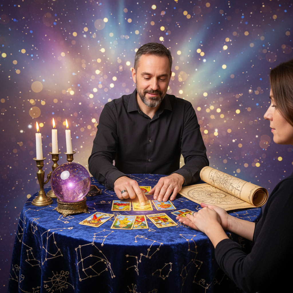 Mystical tarot cards spread with Austin TX skyline background