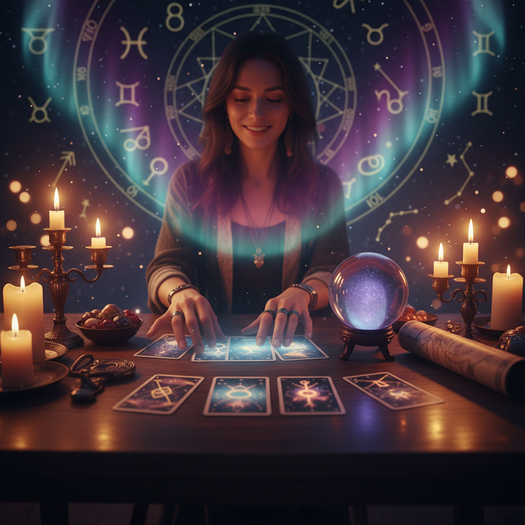 Mystical tarot cards with celestial symbols illuminated in Austin sky