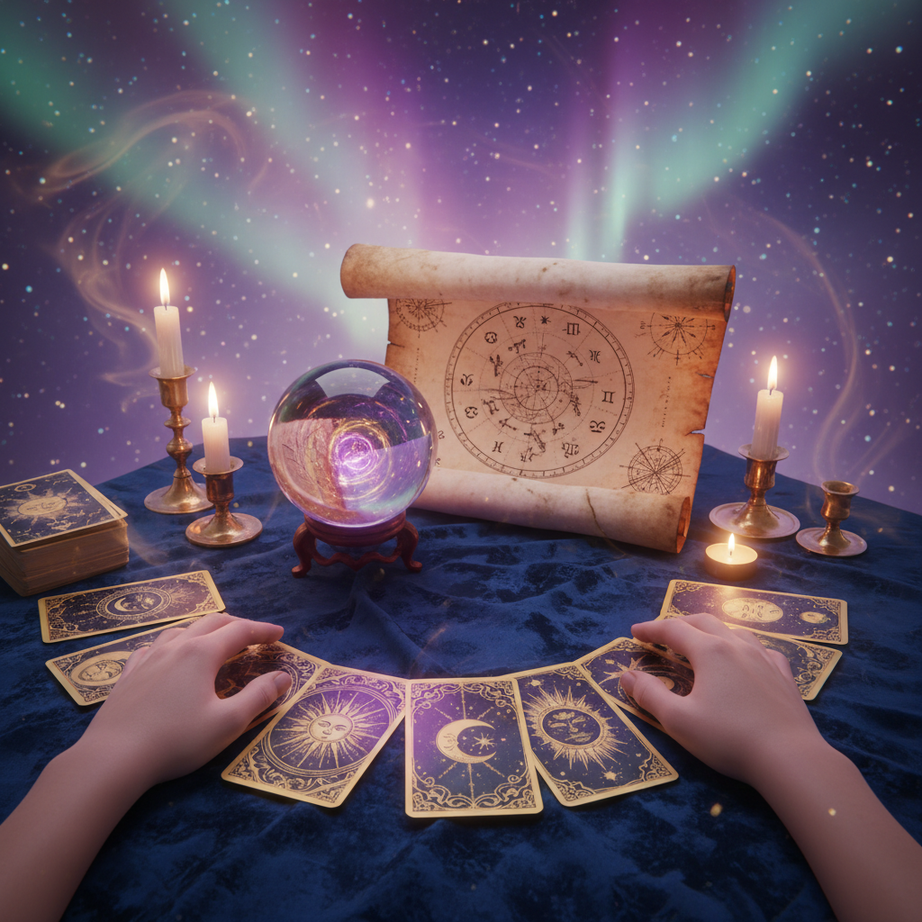 Mystical tarot cards with celestial Austin TX cityscape background