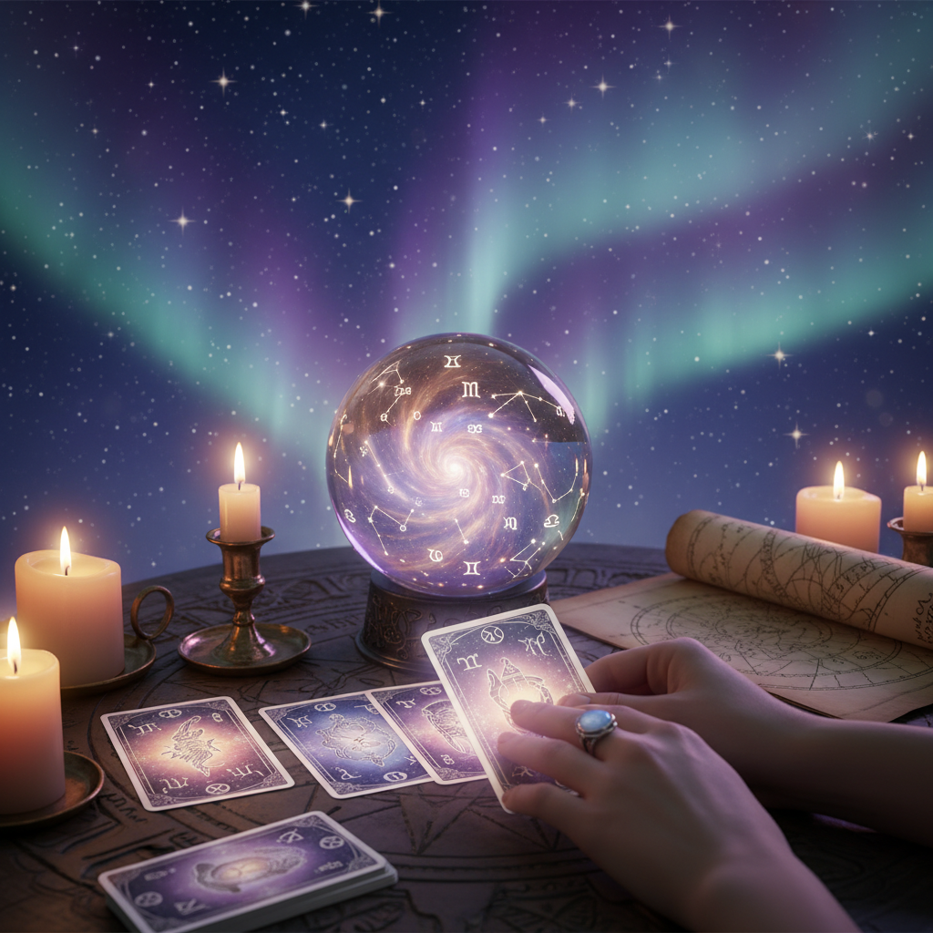 Mystical tarot cards glowing with celestial Austin TX backdrop