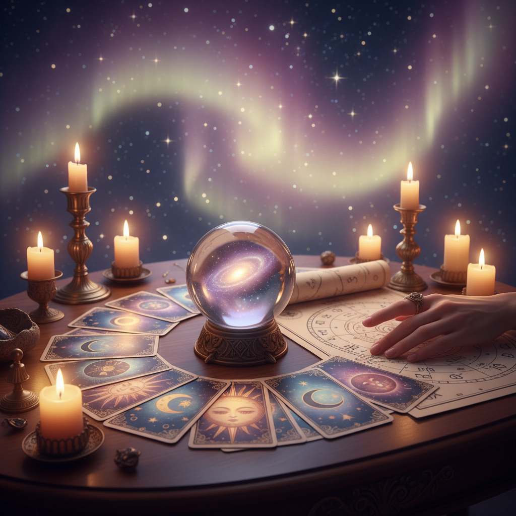 Mystical tarot cards glowing with Austin skyline background