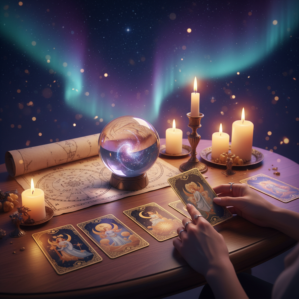 Mystical tarot cards with celestial symbols and Austin skyline