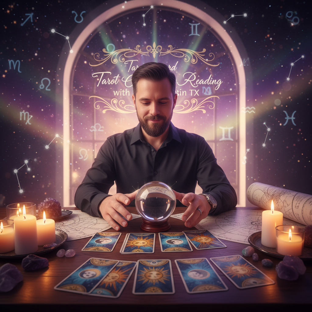 Mystical tarot cards with celestial Austin TX backdrop